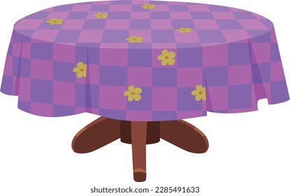 modern restaurant table with tablecloth, candles in candlestick, plant, wineglasses, reservation tabletop sign standing on it and two chairs. Bright colored cartoon vector illustration.