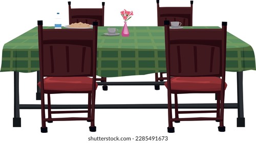 modern restaurant table with tablecloth, candles in candlestick, plant, wineglasses, reservation tabletop sign standing on it and two chairs. Bright colored cartoon vector illustration.