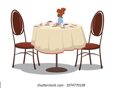 Modern restaurant table with tablecloth, coffe mugs, flowers, and two chairs. Bright colored cartoon vector illustration.