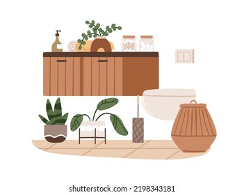 Modern restroom interior with wall-hung toilet bowl, Scandinavian furniture. Home lavatory, water closet with flush pan, hygiene items and plant. Flat vector illustration isolated on white background