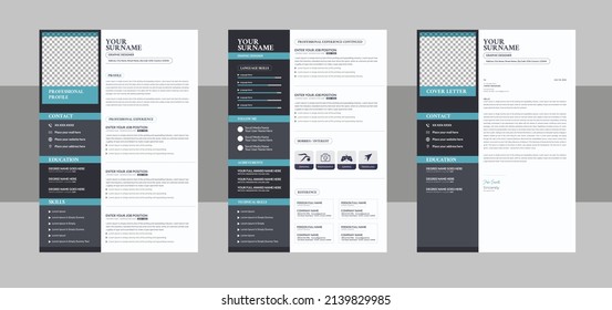Modern Resume and Cover Letter Layout Vector Template for Business Job Applications, Minimalist resume cv template, Professional CV resume template design and letterhead, cover letter