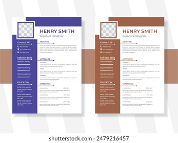 Modern Resume and Cover Letter Layout Vector Template for Business Job Applications, Minimalist resume cv template, Resume design template, cv design, multipurpose resume design