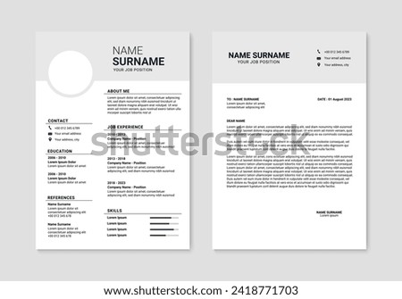 Modern Resume and Cover Letter Layout design template. Minimalist CV resume template for job applications. Vector illustration Stock photo © 