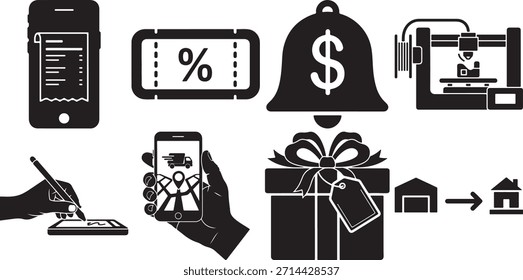 Experiencia de venta al por menor moderna con íconos de comercio electrónico con Comprobante móviles, Cupones de descuento, alertas de ventas, impresión 3D, firmas digitales y entrega de regalos.