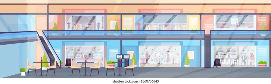 modern retail shopping mall with clothes boutiques and coffee shops visitors relaxing sitting in cafe supermarket interior horizontal banner flat