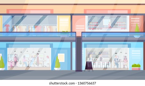 modern retail shopping mall with visitors in clothes boutique store and coffee shop supermarket interior horizontal flat