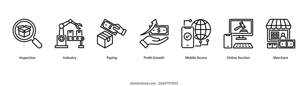 Ilustração vetorial do ícone de banner da Web da Modern Retail Solutions com Inspeção, Indústria 4.0, Pagamento, Crescimento do Lucro, Acesso Móvel, Leilão Online e Comerciante.