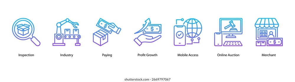 Ilustração vetorial do ícone de banner da Web da Modern Retail Solutions com Inspeção, Indústria 4.0, Pagamento, Crescimento do Lucro, Acesso Móvel, Leilão Online e Comerciante.