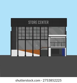 Modern retail store center building facade with large glass windows, commercial architecture and urban business concept.