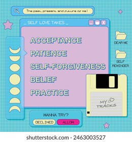 modern retro 90's computer vector with cute color. Happy self Love, acceptance, patience, self-forgiveness, belief, practice. Be yourself and worth yourself. Diskette drive and 90's windows style.