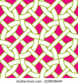 Modern Retro Abstract Complex Chain Style Circles Diagonal Stripes Geometric Interlock Seamless Vector Pattern Trendy Fashion Colors Perfect for Allover Fabric Print or Wrapping Paper Fuchsia Green