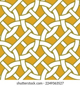 Modern Retro Abstract Complex Chain Style Circles Diagonal Stripes Geometric Interlock Seamless Vector Pattern Trendy Fashion Colors Perfect for Allover Fabric Print or Wrapping Paper Mustard Yellow