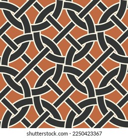 Modern Retro Abstract Complex Chain Style Circles Diagonal Stripes Geometric Interlock Seamless Vector Pattern Trendy Fashion Colors Perfect for Allover Fabric Print or Wrapping Paper Brown Black