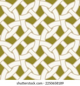 Modern Retro Abstract Complex Chain Style Circles Diagonal Stripes Geometric Interlock Seamless Vector Pattern Trendy Fashion Colors Perfect for Allover Fabric Print or Wrapping Paper Olive Green