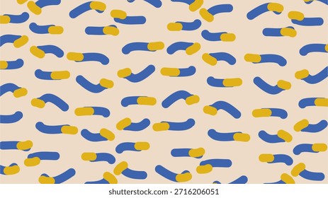 Modern Retro Abstract Organic Pattern: A Seamless Vector Background Featuring Blue and Yellow Capsule Shapes Over a Beige Surface for Creative Branding, Textiles, and Trendy Graphic Design