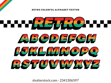 Modern retro alphabet letter, vivid multicolor funky font or typography. Vector bold font for graphic tshirt, tees font, poster, book cover, product packaging, flyer, etc.