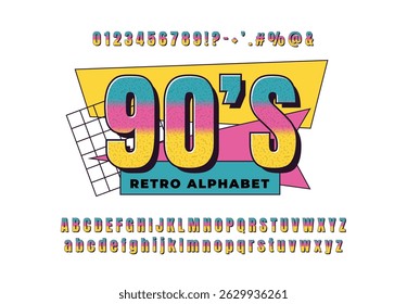 Modern Retro Alphabet in Neon Colors - Bold 80s, 90s Style Font with 3D Letters and Numbers for Posters and Party Designs.