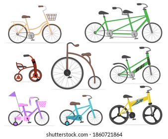 Un juego de bicicletas moderno y retro para el diseño web. Dibujo de dibujos de viejos ciclos y bicicletas lindas en colores brillantes aislado colección de ilustraciones vectoriales. Concepto de transporte, ciclismo y carrera