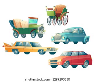 Modern and retro cars cartoon vector icons set isolated on white background. Primitive, steam-powered automobile, 19th century gasoline vehicle and contemporary luxury sedans illustrations collection