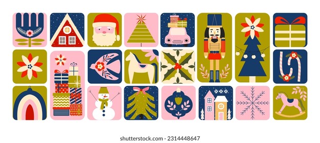 Modern retro Christmas. New year fairy tale. Nutcracker. Winter holidays. Christmas tree, Santa, horse, balls, flowers, houses, gifts, snowflakes. Stickers, tags, tiles, mosaic. Scandinavian style. 