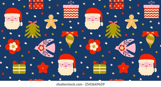 Modern retro Christmas seamless pattern. Santa, Christmas tree, confetti, flowers. New year. Winter holidays. Scandinavian. Festive fancy xmas background, wallpaper, digital paper, banner. Vector.