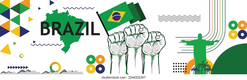 Modern retro design with Rio landmarks abstract icons.Brazil with Flag and map of raised fists. National day or Independence day design for Brazilian celebration.  Vector illustration