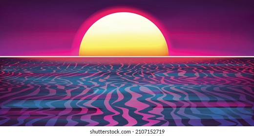 Modern retro futuristic background . Synthwave poster .Vector design composition with various geometric shapes . Abstract contemporary art . Digital cyber landscape . New modernism 