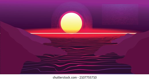 Modern retro futuristic background . Synthwave poster .Vector design composition with various geometric shapes . Abstract contemporary art . Digital cyber landscape . New modernism 