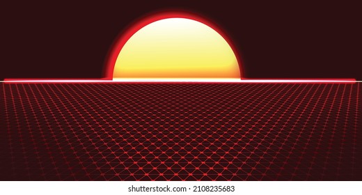 Modern retro futuristic background . Synthwave poster .Vector design composition with various geometric shapes . Abstract contemporary art . Digital cyber landscape . New modernism 