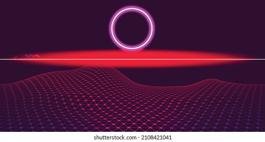 Modern retro futuristic background . Synthwave poster .Vector design composition with various geometric shapes . Abstract contemporary art . Digital cyber landscape . New modernism 