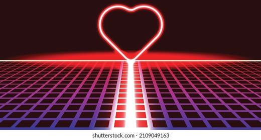 Modern retro futuristic background . Synthwave poster .Vector design composition with neon heart . Abstract contemporary art . Digital cyber landscape . New modernism 