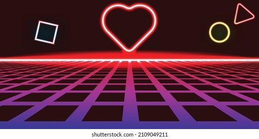 Moderno fondo retro futurista . Afiche de ondas sintéticas .Composición de diseño de vectores con corazón de neón. Resumen del arte contemporáneo. Ciberpaisaje digital. Nuevo modernismo 