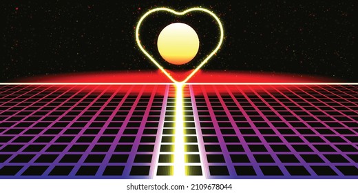 Modern retro futuristic background . Synthwave poster .Vector design composition with various geometric shapes . Abstract contemporary art . Digital cyber landscape . New modernism 