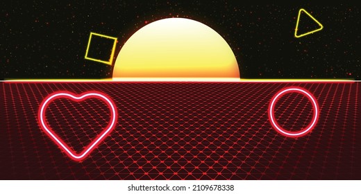 Modern retro futuristic background . Synthwave poster .Vector design composition with various geometric shapes . Abstract contemporary art . Digital cyber landscape . New modernism 