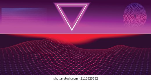 Modern retro futuristic background . Synthwave poster .Vector design composition with various geometric shapes . Abstract contemporary art . Digital cyber landscape . New modernism 