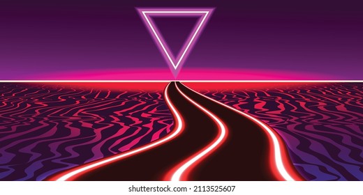 Modern retro futuristic background . Synthwave poster .Vector design composition with various geometric shapes . Abstract contemporary art . Digital cyber landscape . New modernism 