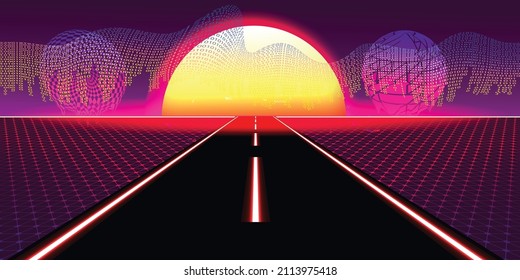 Modern retro futuristic background . Synthwave poster .Vector design composition with various geometric shapes . Abstract contemporary art . Digital cyber landscape . New modernism 