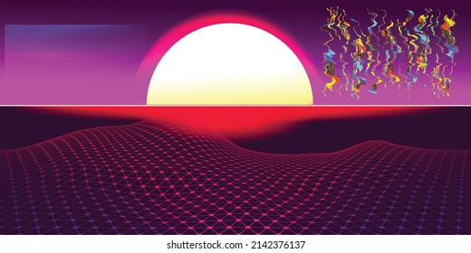 Modern retro futuristic background . Synthwave poster .Vector design composition with various geometric shapes . Abstract contemporary art . Digital cyber landscape . New modernism 