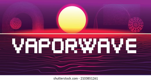 Modern retro futuristic background .  Vaporwave poster .Vector design composition with various geometric shapes . Abstract contemporary art . Digital cyber landscape . New modernism 