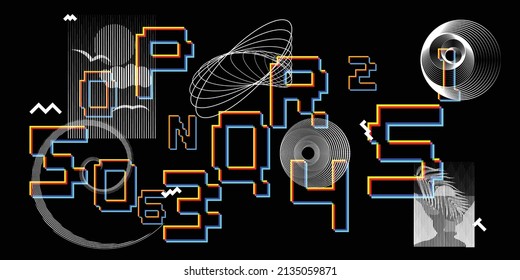 Modern retro futuristic background . Retro wave poster .Vector design composition with various geometric shapes . Abstract contemporary art . Digital cyber landscape . New modernism 