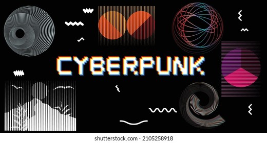 Modern retro futuristic  poster .Vector design. Abstract contemporary art . Glitched cyberpunk background .