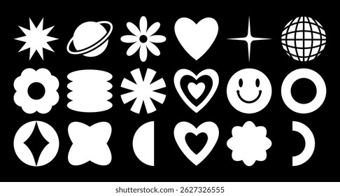 Modern retro geometric shapes, hearts, flowers, smile
