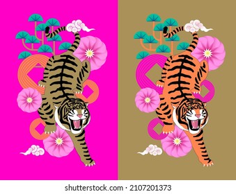 modern retro happy chinese new year of the tiger greetings design template vector, illustration