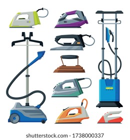 Modern and Retro Irons and Cloth Steamers Collection, Electric Household Appliances, Ironing Clothes Devices Vector Illustration