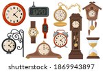 Modern or retro mechanical and electronic clocks flat item set. Cartoon clocks, timers, watches and hourglasses isolated vector illustration collection. Time and measurement devices concept