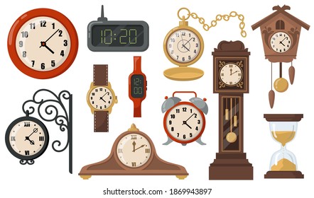 Modern or retro mechanical and electronic clocks flat item set. Cartoon clocks, timers, watches and hourglasses isolated vector illustration collection. Time and measurement devices concept