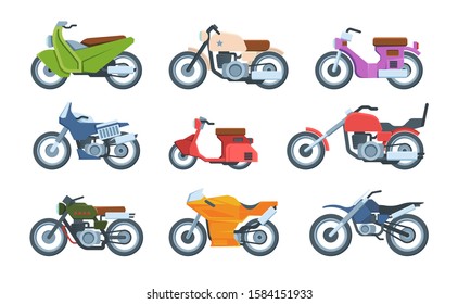 Modern and retro motorbikes flat illustrations set. Sportive motorcycles collection Motosport transport. Moped, cruiser, chopper. Different motor vehicles isolated on white background