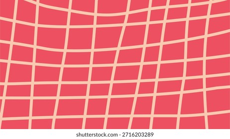 Modernes Retro-Rosa-verzerrtes Gittermuster: Ein nahtloser Vektorhintergrund mit verzerrten Cremelinien über einer lebendigen roten Oberfläche für trendiges Grafikdesign und kreative digitale Kunst