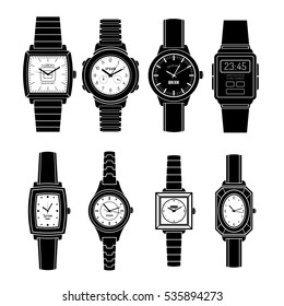 Modern and retro popular watches styles sets black icons collection with mechanical automatic and quartz isolated vector illustration