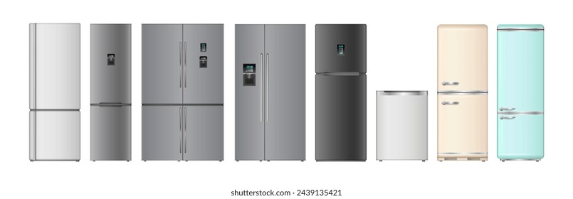 Modern and retro refrigerators and freezers for kitchen. Vector isolated realistic kitchen appliances for storing and keeping food fresh. Fridge with double doors, sensors and ice generators